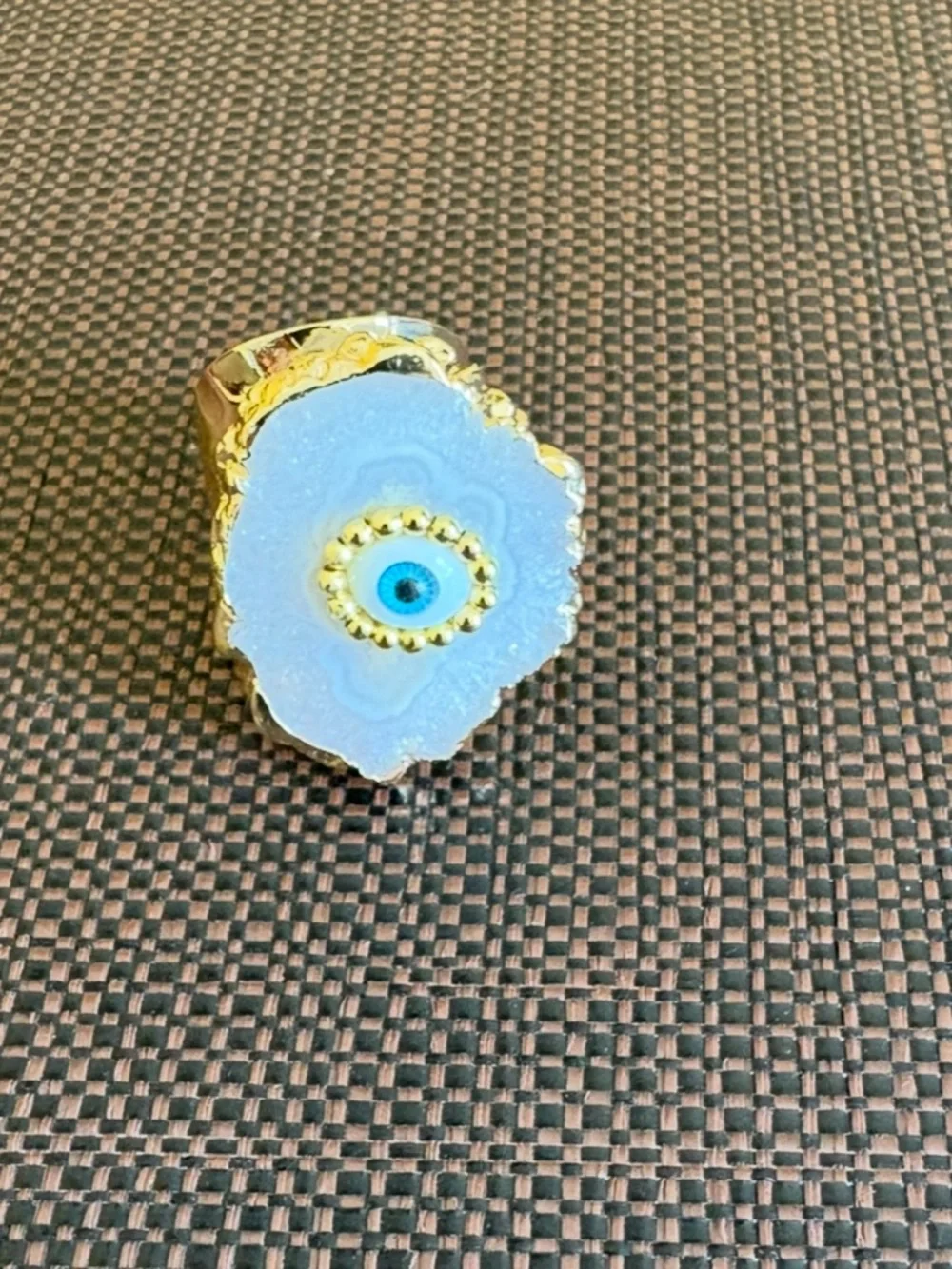 New! Gold-Plated White Synthetic Geode Agate Druzy Evil Eye Statement Ring
